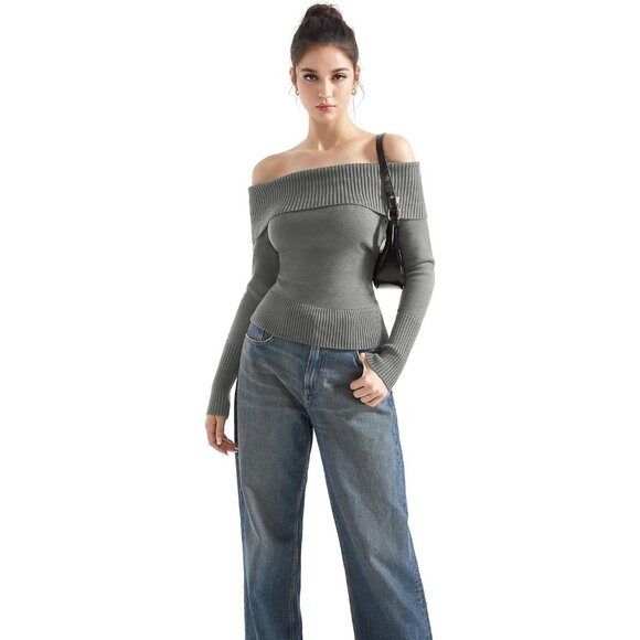 Women Hemp Gray Off Shoulder Long Sleeve Tops Blouse Sweaters - Picture 4 of 7